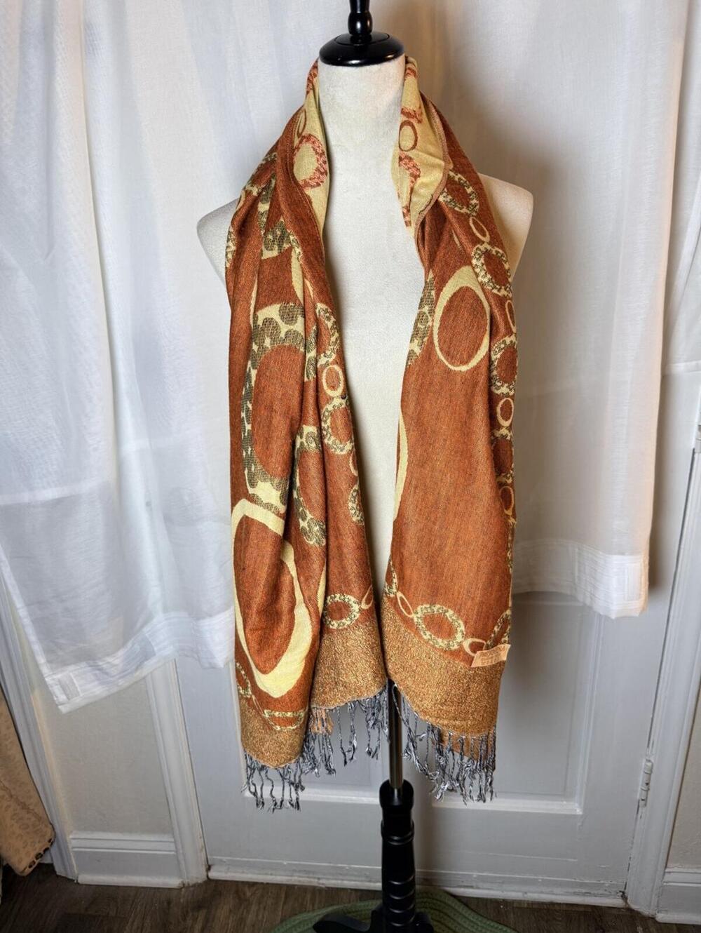 Pashmina Shawl Scarf 55% Pashmina, 45% Silk, Orange Golden Thread, Reversible